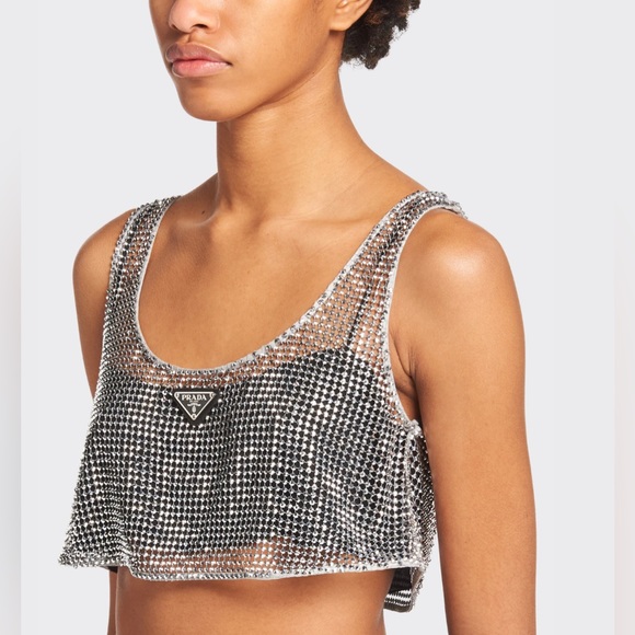 Prada Tops - PRADA Rhinestone Embroidered Mesh Top in Crystal